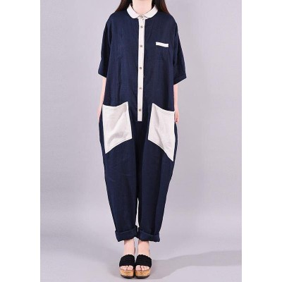 Women linen Fitted Fashion Spliced Big Pockets Casual Romper