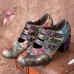  Women Retro Floral Printing Leather Comfy Hook Loop Round Toe Soft Chunky Heels