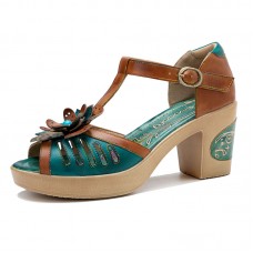  Genuine Leather Retro Three  dimensional Flower Comfy Breathable Hollow Heeled Sandals